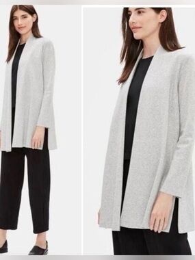 Eileen Fisher - Herringbone Cotton Blend Longline Open Front Jacket Cardigan